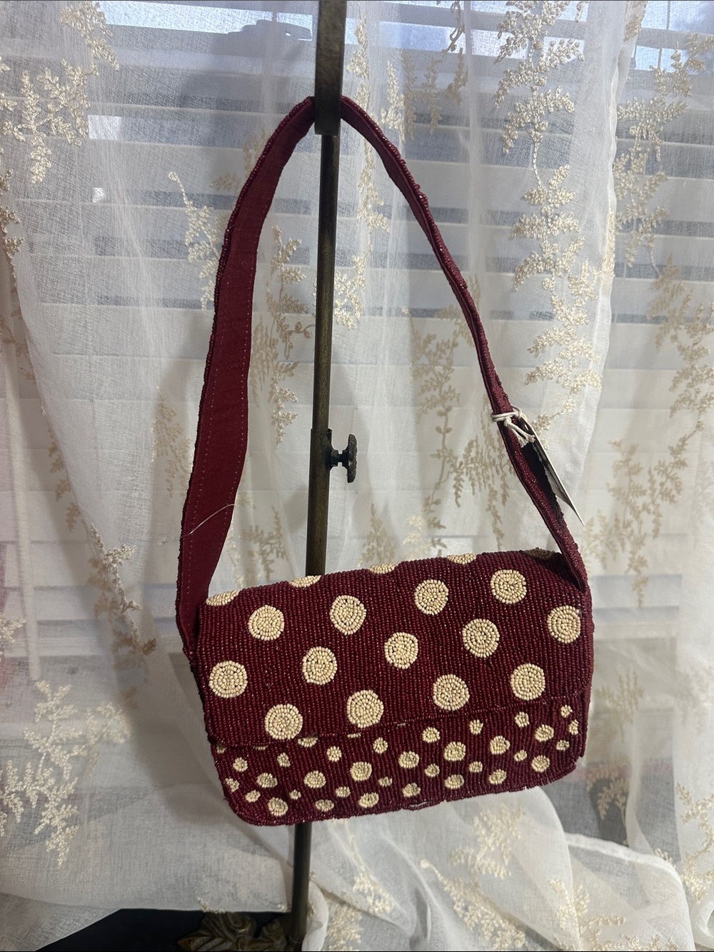 Sol and Mer wine colored cream polka dots beaded shoulder bag